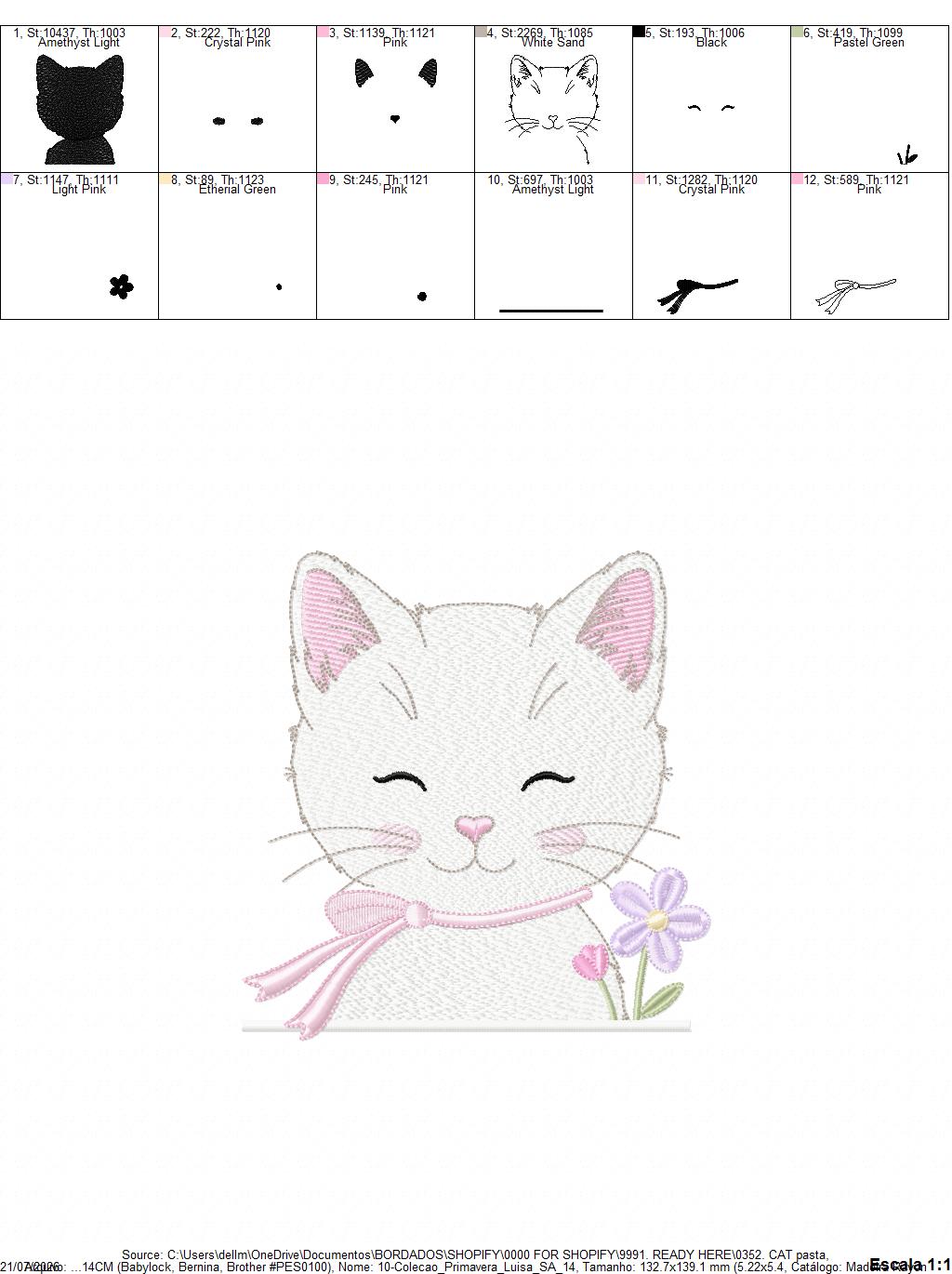 Female Cat with flowers embroidery design - Female Kitty with flowers machine embroidery pattern - Baby girl file - Instant digital download