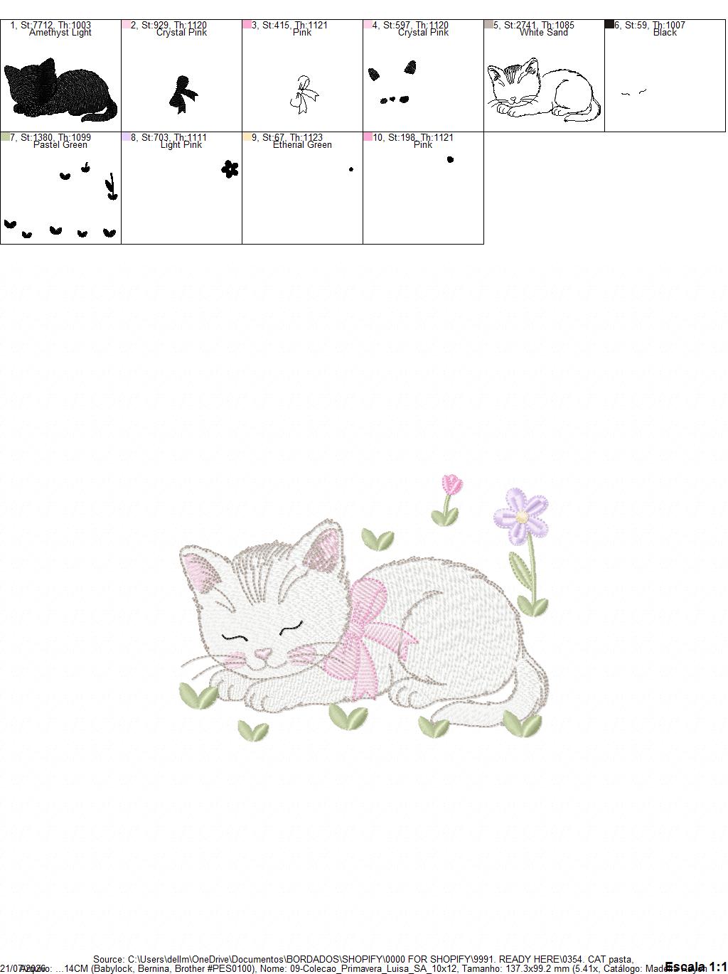 Female Sleeping Cat with flowers embroidery design - Female Kitty with flowers machine embroidery pattern - Baby girl file - Instant digital download