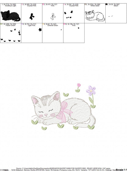 Female Sleeping Cat with flowers embroidery design - Female Kitty with flowers machine embroidery pattern - Baby girl file - Instant digital download
