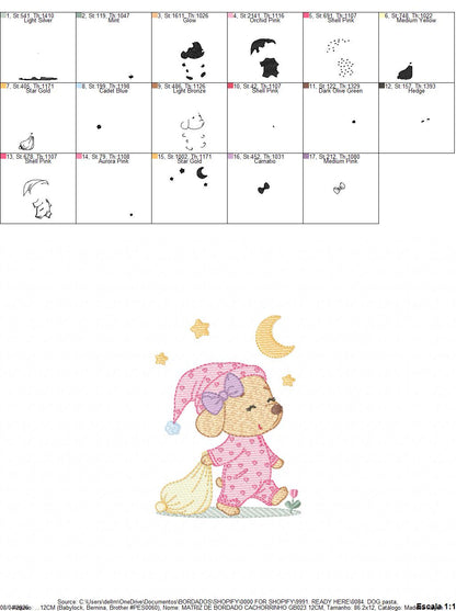 Dog with pajamas embroidery designs - Dog with moon and stars machine embroidery pattern - Baby Girl Puppy file - Instant download - Marcia Embroidery
