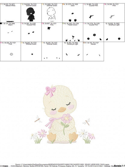 Duck with flowers embroidery design - Lake water animal with flowers and dragon-fly machine embroidery pattern - Baby Girl file - Instant digital download pes jef