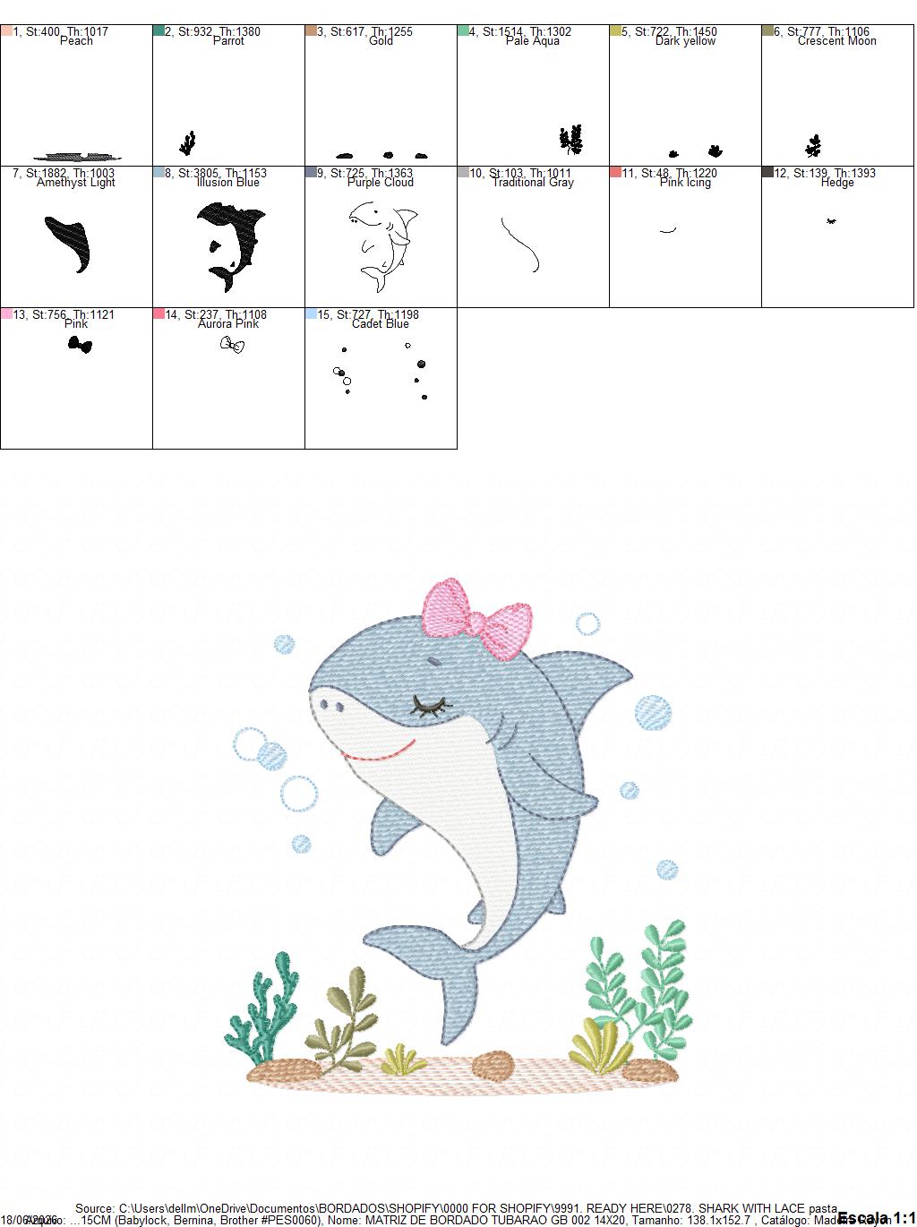 Shark embroidery design - Ocean animals machine pattern - Baby Girl Shark with algae bubbles and algae frame - Instant download pes jef dst