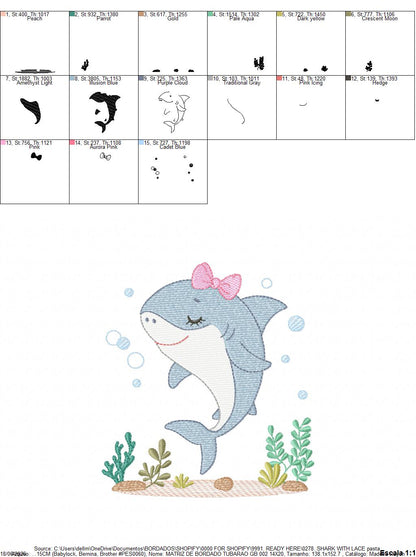 Shark embroidery design - Ocean animals machine pattern - Baby Girl Shark with algae bubbles and algae frame - Instant download pes jef dst