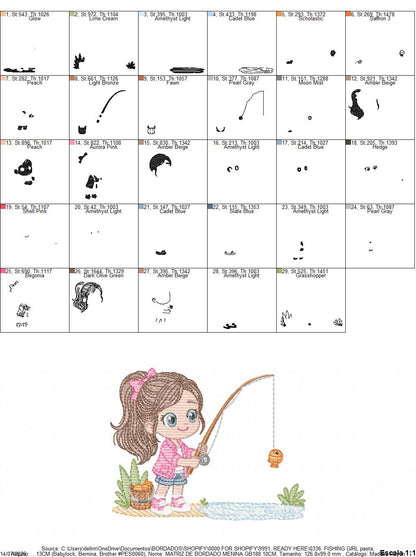 Baby girl fishing embroidery design - Fisherman girl machine embroidery pattern - Children toddler playing sun grass file - Instant download (Copy)