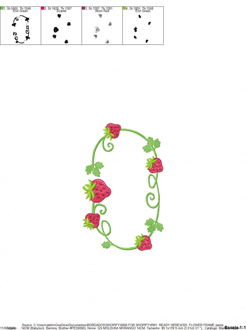 Strawberry Monogram Frame embroidery design - Flower and Strawberry Wreath machine embroidery pattern - Floral Kitchen Towel - Instant digital download pes jef dst