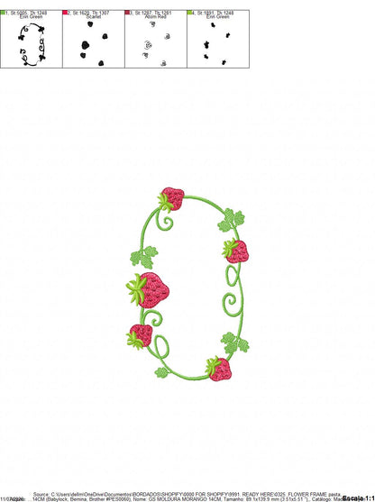 Strawberry Monogram Frame embroidery design - Flower and Strawberry Wreath machine embroidery pattern - Floral Kitchen Towel - Instant digital download pes jef dst