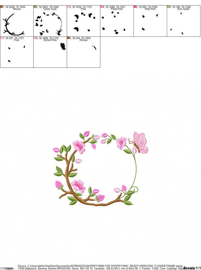 Floral Monogram frame embroidery design - Flower and Butterfly machine embroidery pattern - Floral Kitchen Towel - Instant digital download pes jef