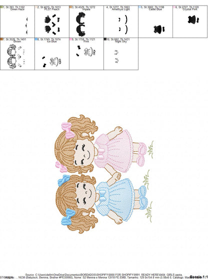 Baby girl embroidery design - Sisters machine embroidery pattern - Girl with long hair - instant download