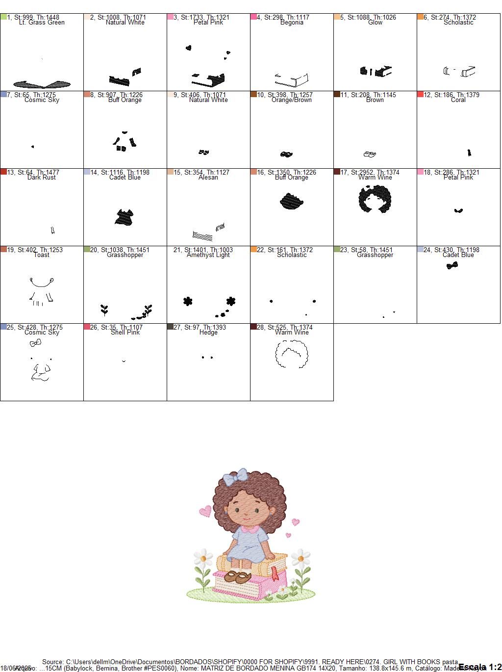 Baby girl with books embroidery design - Curly Black Hair Girl with flowers machine embroidery pattern - Princess embroidery - Instant digital download pes jef dst
