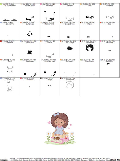 Baby girl with books embroidery design - Curly Black Hair Girl with flowers machine embroidery pattern - Princess embroidery - Instant digital download pes jef dst