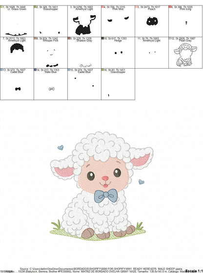 Male Sheep embroidery design - Lamb with hearts machine embroidery pattern - Baby Boy Newborn file - Instant download pes jef dst vp3