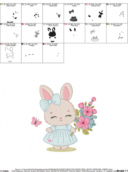 Female Bunny embroidery design - Rabbit with dress and flowers machine embroidery pattern - Baby girl file - Instant digital download - Marcia Embroidery