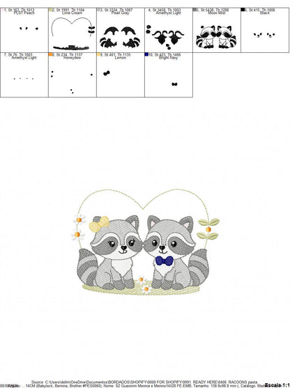 Boy and Girl Racoons embroidery designs - Brother and Sister Woodland Forest Animal machine embroidery pattern - Raccoon with mushrooms - Instant download