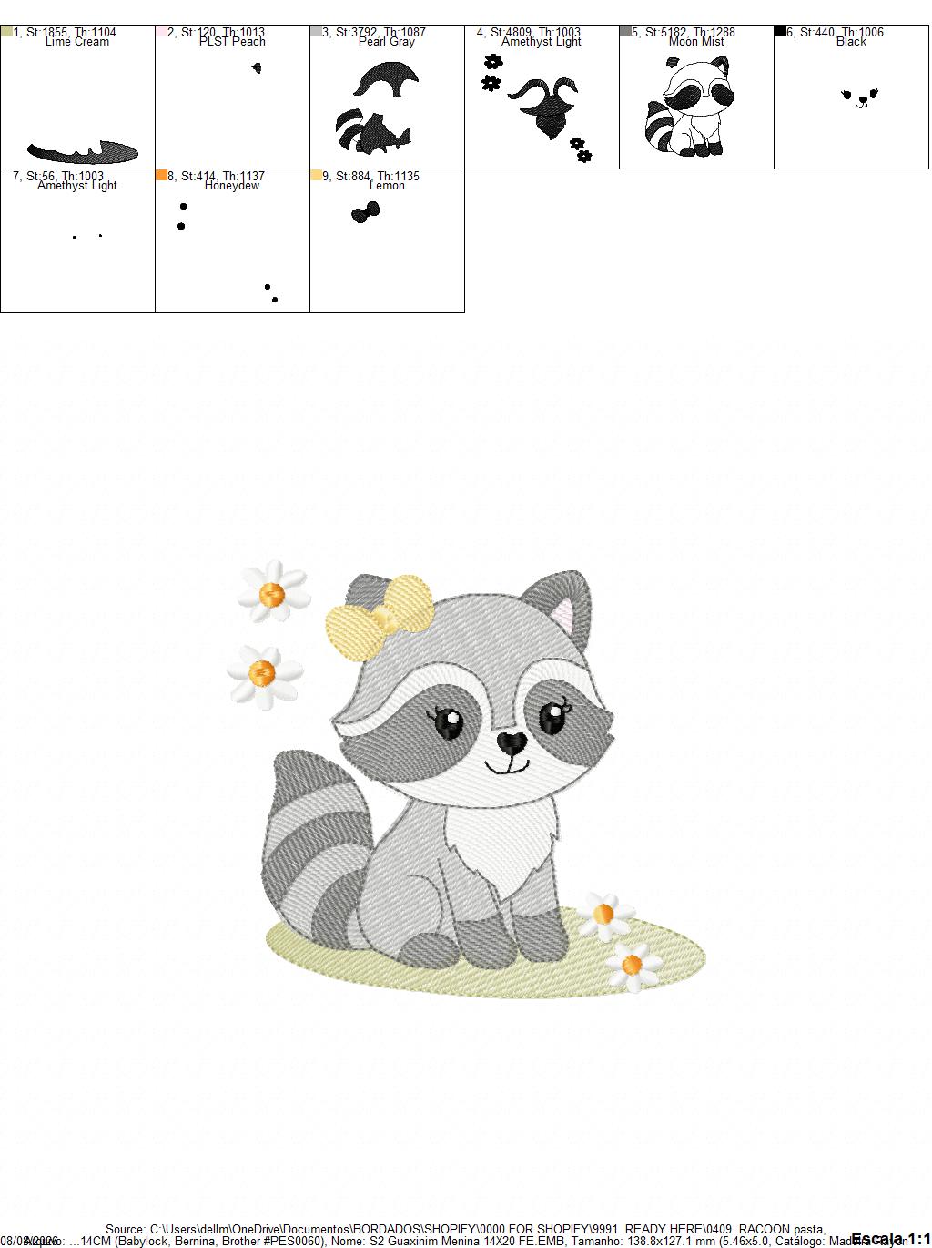 Baby Girl Racoon embroidery design - Woodland Forest Animal machine embroidery pattern - Raccoon with flowers - Instant download