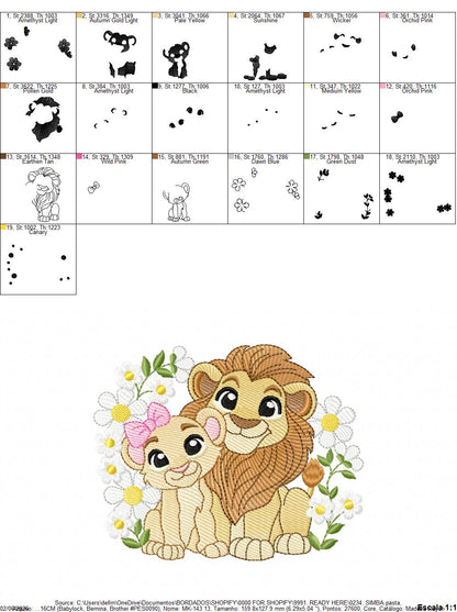 Lion King embroidery design - Simba and Nala with flowers machine embroidery pattern - Baby Boy and girl file - Instant digital download pes jef dst hus vp3