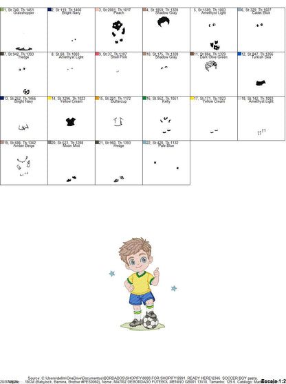 Soccer player embroidery design - School Boy with curly hair machine embroidery file - boy with soccer ball file - Instant digital download