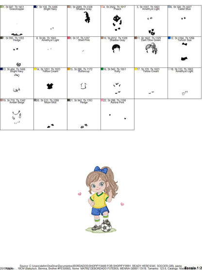 Soccer player embroidery designs - Baby Girl with long hair machine embroidery file - Girl with soccer ball file - Instant digital download pes jef
