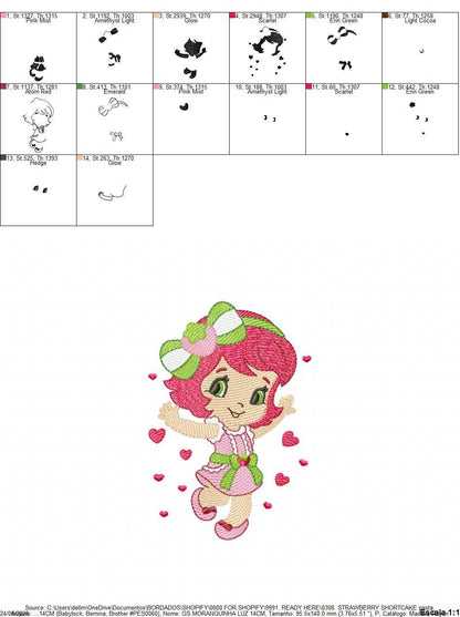 Strawberry Shortcake embroidery design - Girl with hearts and strawberries machine embroidery pattern - Baby Girl file - Instant digital download pes jef dst