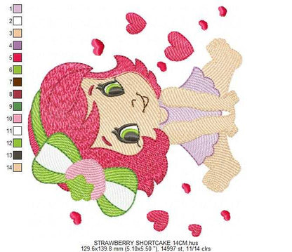Strawberry Shortcake embroidery design - Girl with hearts and strawberries machine embroidery pattern - Baby Girl file - Instant digital download pes jef dst