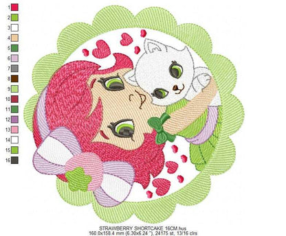 Strawberry Shortcake embroidery design - Girl with hearts and strawberries machine embroidery pattern - Baby Girl file - Instant digital download pes jef dst