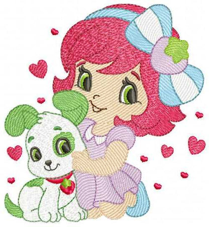 Strawberry Shortcake embroidery design - Girl with hearts and strawberries machine embroidery pattern - Baby Girl file - Instant digital download pes jef dst