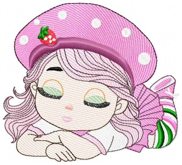 Illustration of a cute character with pink hair and a pink hat with a strawberry on a white background