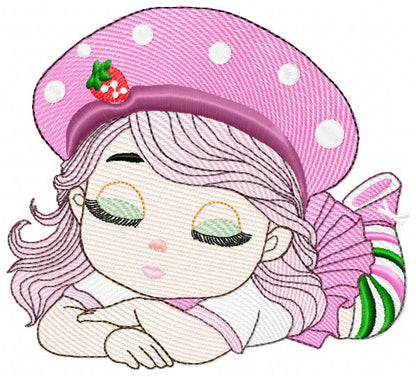Illustration of a cute character with pink hair and a pink hat with a strawberry on a white background
