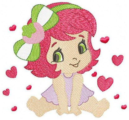 Strawberry Shortcake embroidery design - Girl with hearts and strawberries machine embroidery pattern - Baby Girl file - Instant digital download pes jef dst