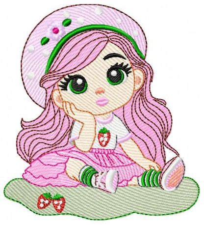 Strawberry Shortcake embroidery design - Girl with hearts and strawberries machine embroidery pattern - Baby Girl file - Instant digital download pes jef dst