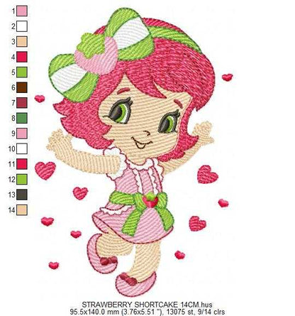Strawberry Shortcake embroidery design - Girl with hearts and strawberries machine embroidery pattern - Baby Girl file - Instant digital download pes jef dst