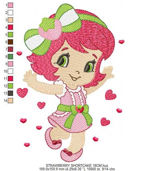 Strawberry Shortcake embroidery design - Girl with hearts and strawberries machine embroidery pattern - Baby Girl file - Instant digital download pes jef dst