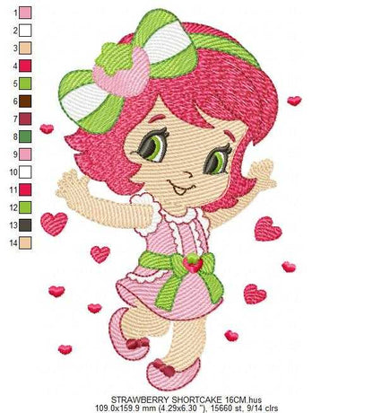Strawberry Shortcake embroidery design - Girl with hearts and strawberries machine embroidery pattern - Baby Girl file - Instant digital download pes jef dst
