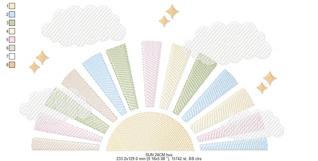 Sun with clouds embroidery design - Colorful Sun machine embroidery pattern - Baby girl and boy file - Instant digital download pes jef dst hus