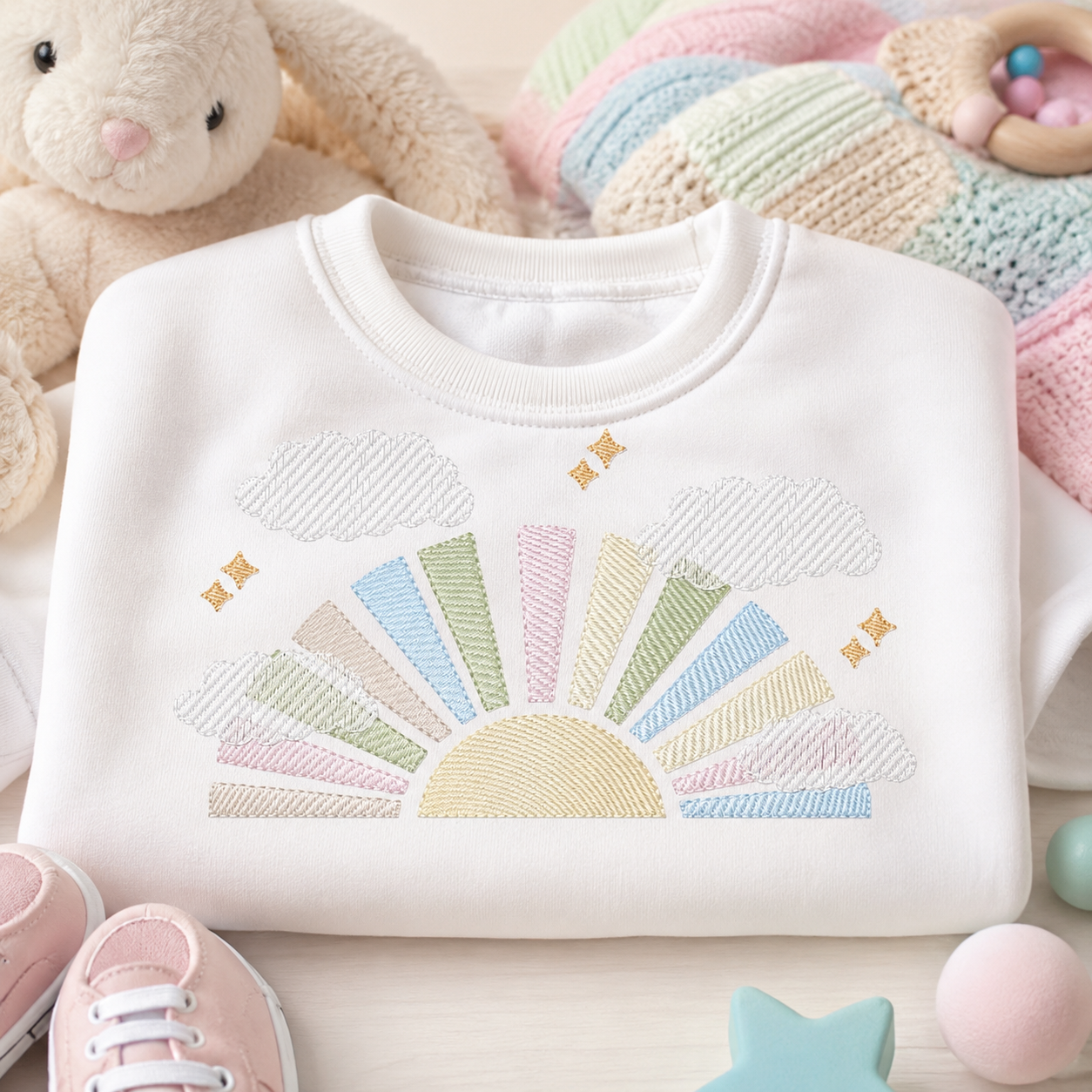 Sun with clouds embroidery design - Colorful Sun machine embroidery pattern - Baby girl and boy file - Instant digital download pes jef dst hus