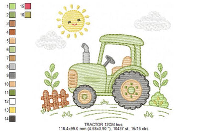 Farm Tractor embroidery design - Ranch Pickup Truck with sun machine embroidery pattern - Baby girl and boy - Instant digital download