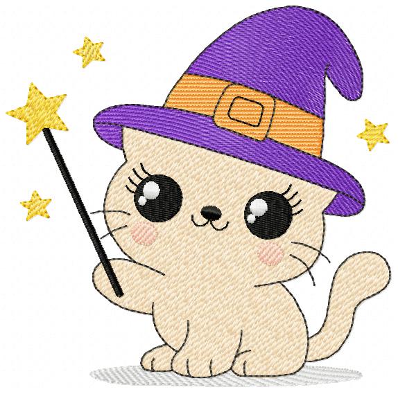 Halloween Cat embroidery design - Kitty with witch hat and magic wand machine embroidery pattern - Baby Pussy cat file - Instant digital download pes jef