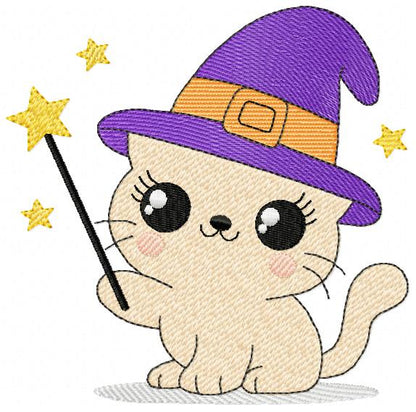 Halloween Cat embroidery design - Kitty with witch hat and magic wand machine embroidery pattern - Baby Pussy cat file - Instant digital download pes jef