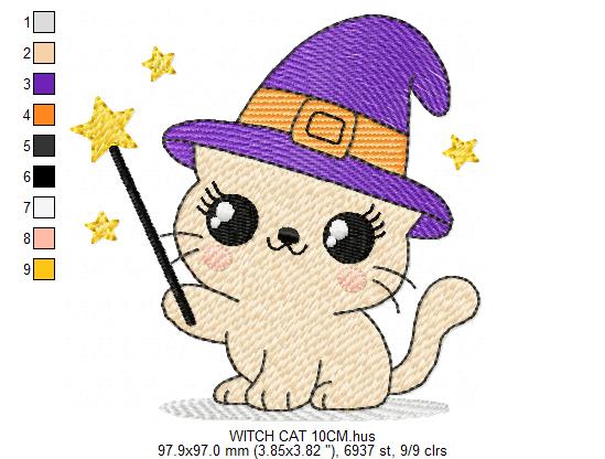 Halloween Cat embroidery design - Kitty with witch hat and magic wand machine embroidery pattern - Baby Pussy cat file - Instant digital download pes jef
