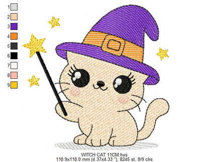 Halloween Cat embroidery design - Kitty with witch hat and magic wand machine embroidery pattern - Baby Pussy cat file - Instant digital download pes jef
