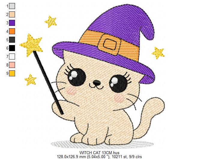 Halloween Cat embroidery design - Kitty with witch hat and magic wand machine embroidery pattern - Baby Pussy cat file - Instant digital download pes jef