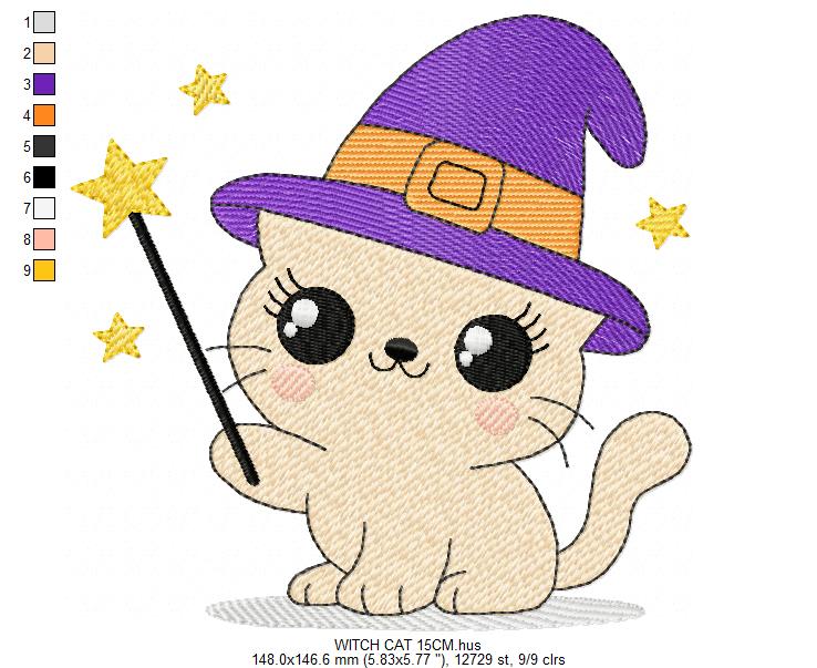 Halloween Cat embroidery design - Kitty with witch hat and magic wand machine embroidery pattern - Baby Pussy cat file - Instant digital download pes jef