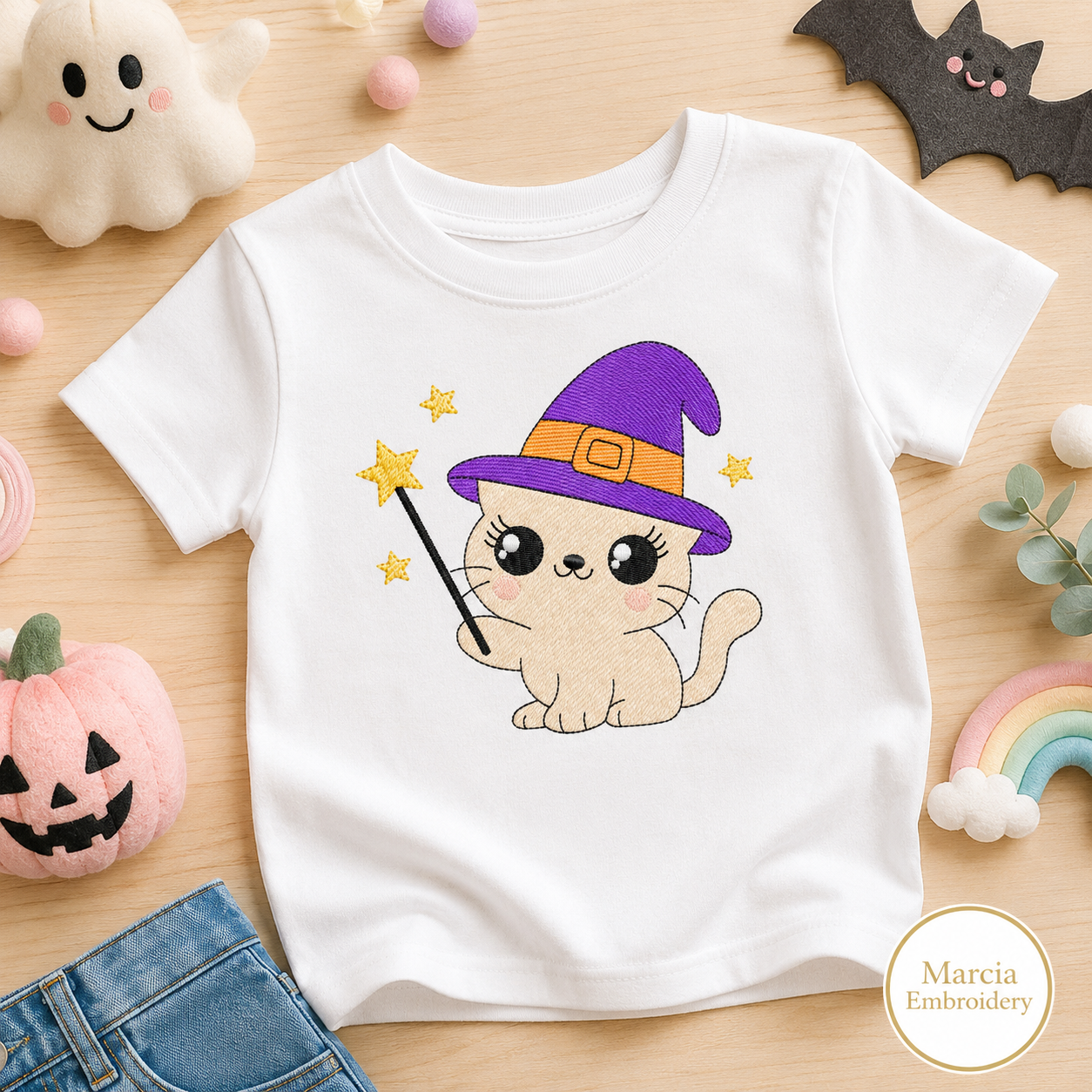 Halloween Cat embroidery design - Kitty with witch hat and magic wand machine embroidery pattern - Baby Pussy cat file - Instant digital download pes jef