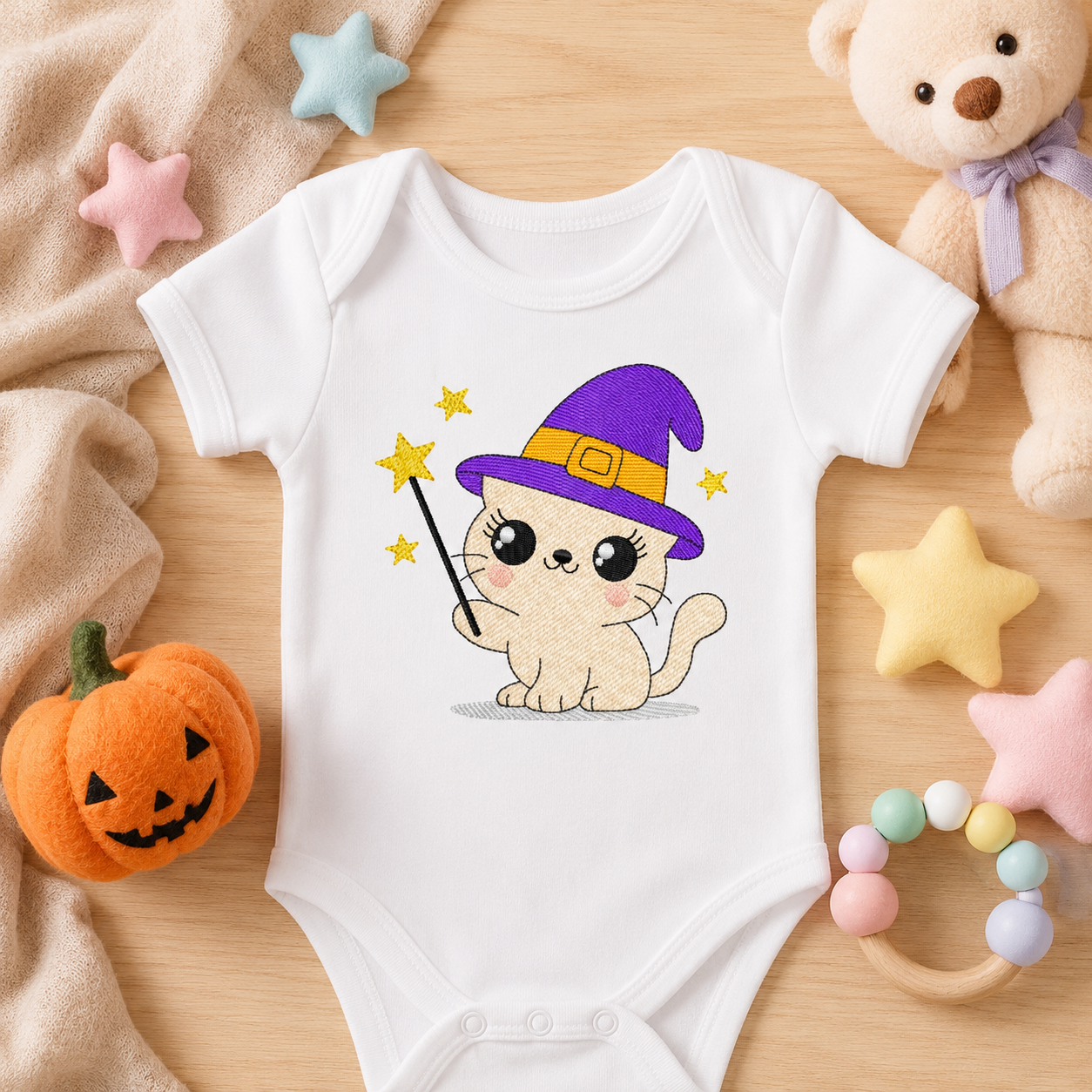 Halloween Cat embroidery design - Kitty with witch hat and magic wand machine embroidery pattern - Baby Pussy cat file - Instant digital download pes jef