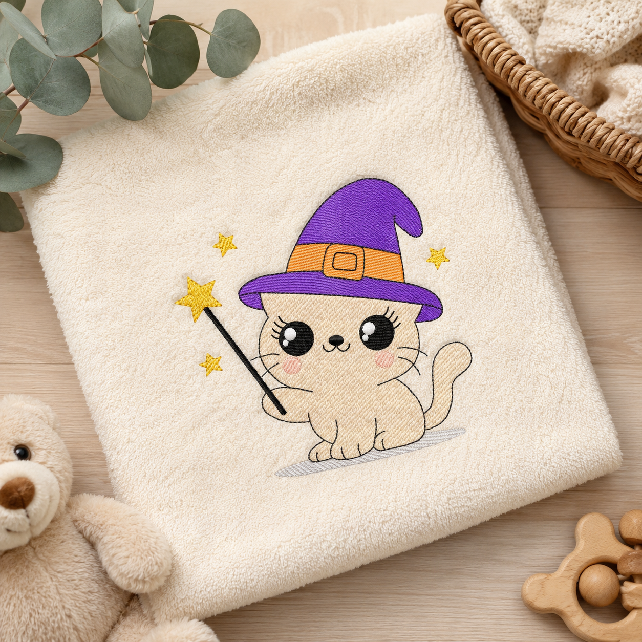 Halloween Cat embroidery design - Kitty with witch hat and magic wand machine embroidery pattern - Baby Pussy cat file - Instant digital download pes jef