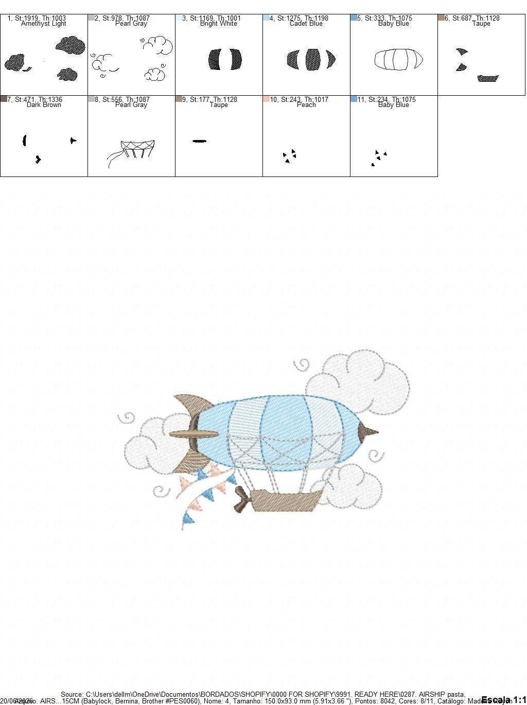 Airship embroidery design - Dirigible Zeppelin machine embroidery pattern - Baby Boy and Girl file - Instant digital download pes jef dst - Marcia Embroidery