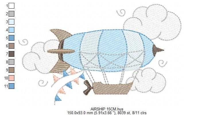 Airship embroidery design - Dirigible Zeppelin machine embroidery pattern - Baby Boy and Girl file - Instant digital download pes jef dst - Marcia Embroidery