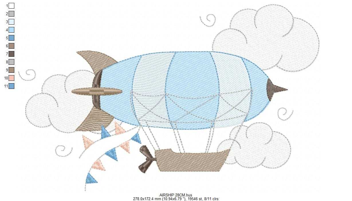 Airship embroidery design - Dirigible Zeppelin machine embroidery pattern - Baby Boy and Girl file - Instant digital download pes jef dst - Marcia Embroidery