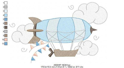 Airship embroidery design - Dirigible Zeppelin machine embroidery pattern - Baby Boy and Girl file - Instant digital download pes jef dst - Marcia Embroidery
