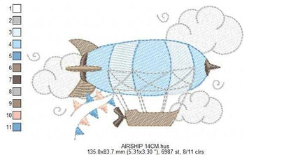 Airship embroidery design - Dirigible Zeppelin machine embroidery pattern - Baby Boy and Girl file - Instant digital download pes jef dst - Marcia Embroidery