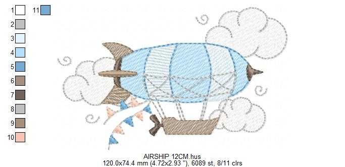 Airship embroidery design - Dirigible Zeppelin machine embroidery pattern - Baby Boy and Girl file - Instant digital download pes jef dst - Marcia Embroidery